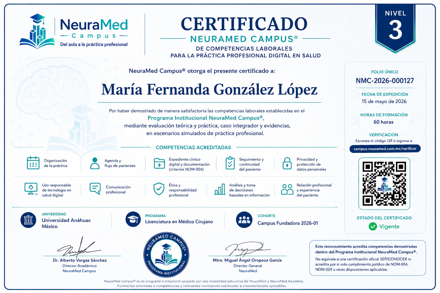 Ejemplo de Certificado NeuraMed Campus nivel 3
